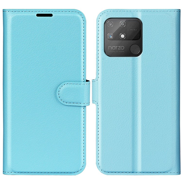 Litchi Texture PU Leather Wallet Case Stand Flip Magnetic Protective Cover for Realme Narzo 50A - Blue