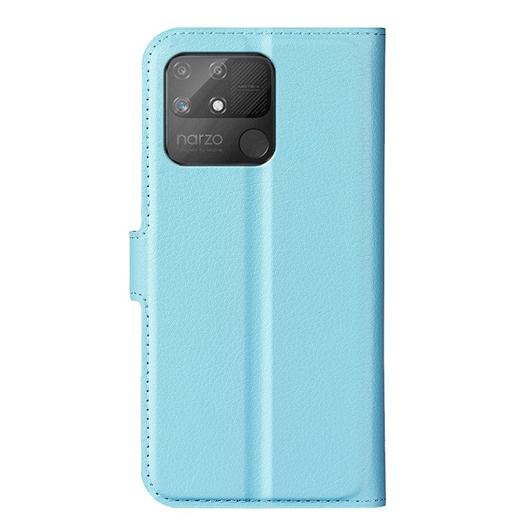 Litchi Texture PU Leather Wallet Case Stand Flip Magnetic Protective Cover for Realme Narzo 50A - Blue