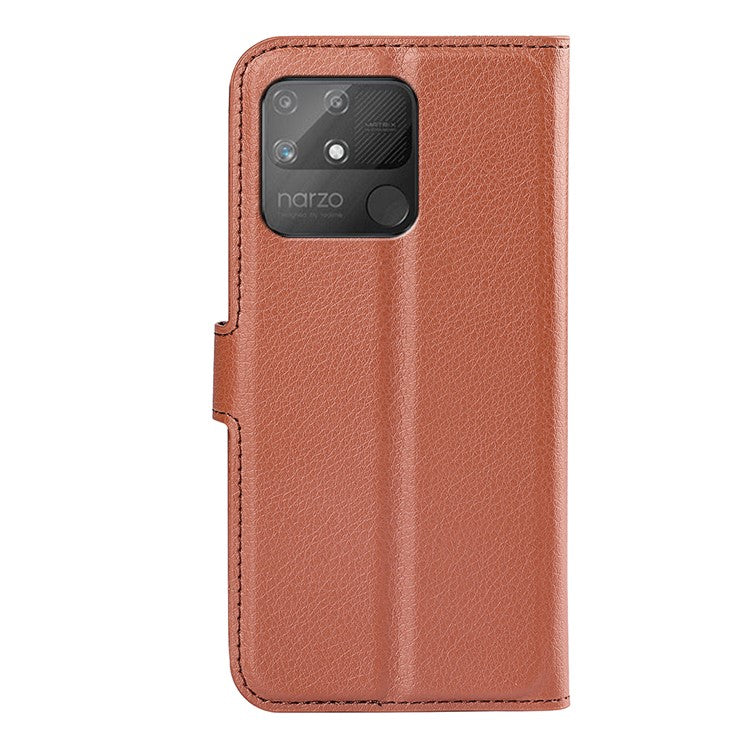 Litchi Texture PU Leather Wallet Case Stand Flip Magnetic Protective Cover for Realme Narzo 50A - Brown