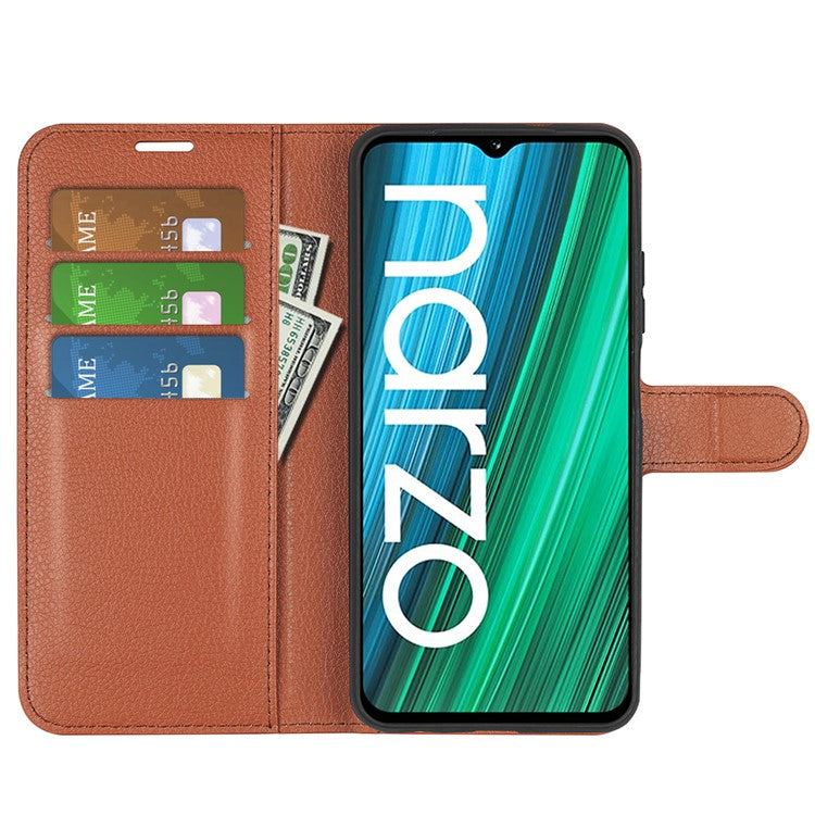 Litchi Texture PU Leather Wallet Case Stand Flip Magnetic Protective Cover for Realme Narzo 50A - Brown
