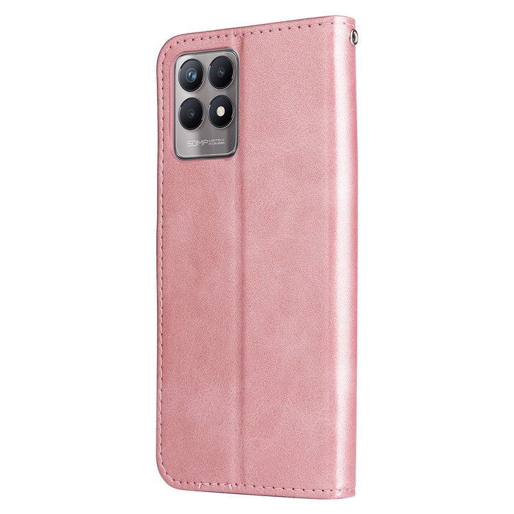 Folio Flip PU Leather Phone Case Zipper Pocket Design Wallet Drop-Resistant Case with Stand for Realme 8i/Narzo 50 4G - Rose Gold