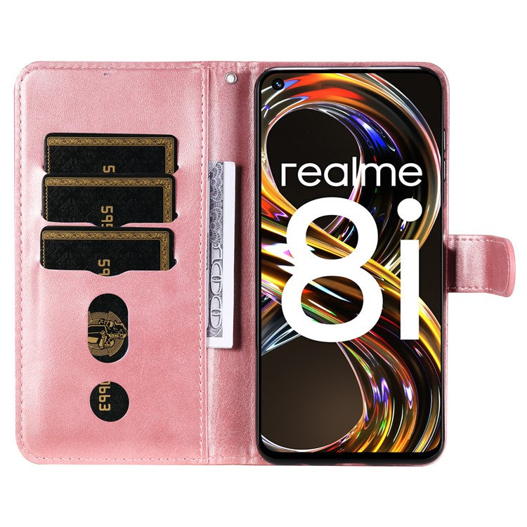 Folio Flip PU Leather Phone Case Zipper Pocket Design Wallet Drop-Resistant Case with Stand for Realme 8i/Narzo 50 4G - Rose Gold