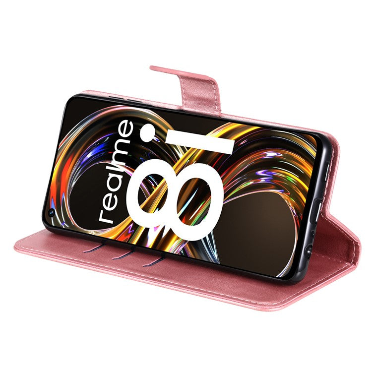 Folio Flip PU Leather Phone Case Zipper Pocket Design Wallet Drop-Resistant Case with Stand for Realme 8i/Narzo 50 4G - Rose Gold