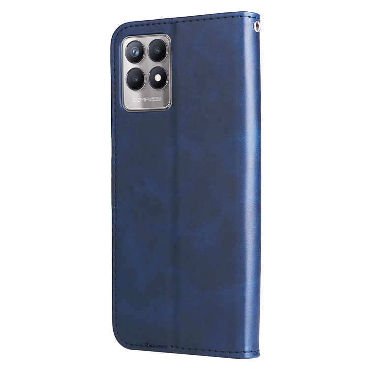 Folio Flip PU Leather Phone Case Zipper Pocket Design Wallet Drop-Resistant Case with Stand for Realme 8i/Narzo 50 4G - Blue