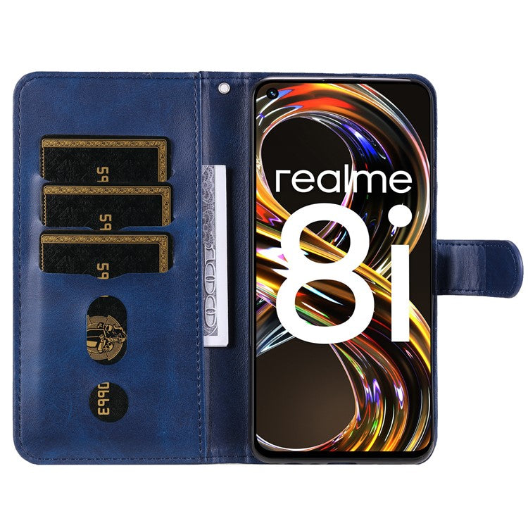 Folio Flip PU Leather Phone Case Zipper Pocket Design Wallet Drop-Resistant Case with Stand for Realme 8i/Narzo 50 4G - Blue