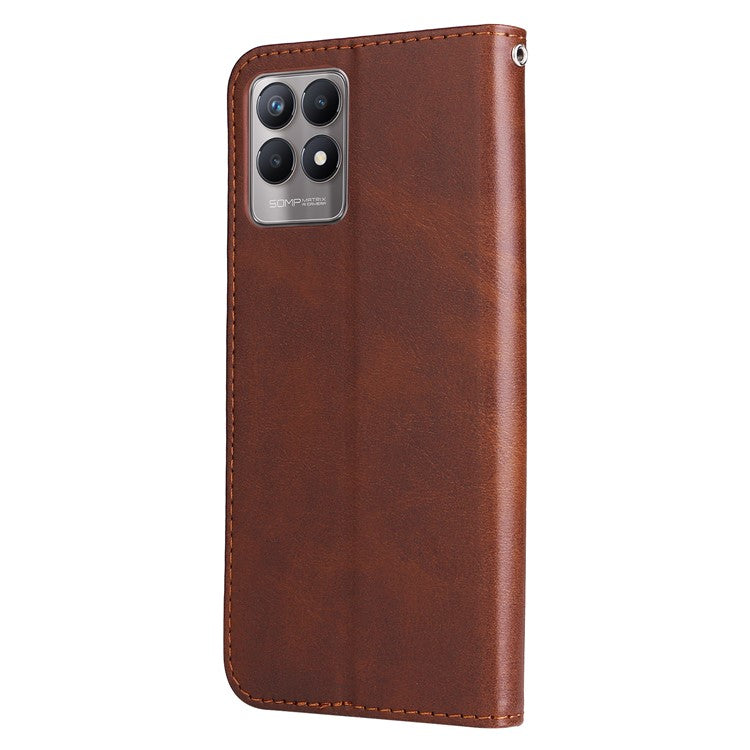 Folio Flip PU Leather Phone Case Zipper Pocket Design Wallet Drop-Resistant Case with Stand for Realme 8i/Narzo 50 4G - Brown