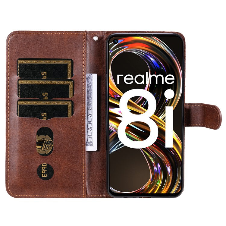 Folio Flip PU Leather Phone Case Zipper Pocket Design Wallet Drop-Resistant Case with Stand for Realme 8i/Narzo 50 4G - Brown
