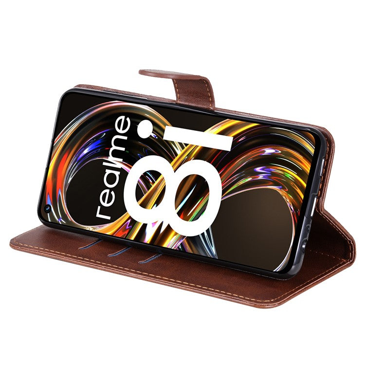 Folio Flip PU Leather Phone Case Zipper Pocket Design Wallet Drop-Resistant Case with Stand for Realme 8i/Narzo 50 4G - Brown