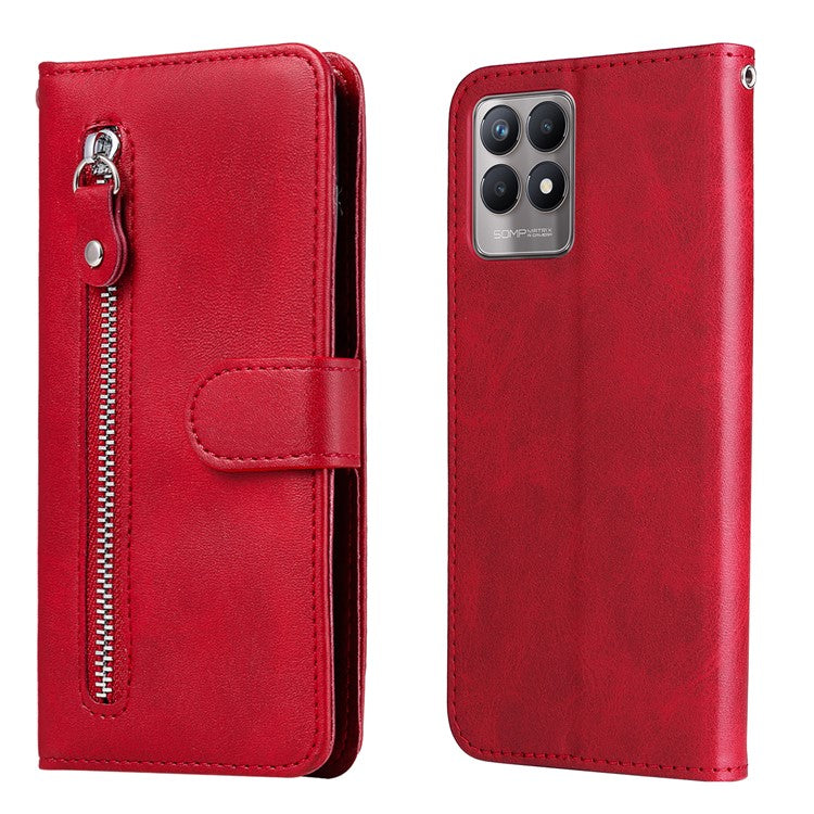 Folio Flip PU Leather Phone Case Zipper Pocket Design Wallet Drop-Resistant Case with Stand for Realme 8i/Narzo 50 4G - Red