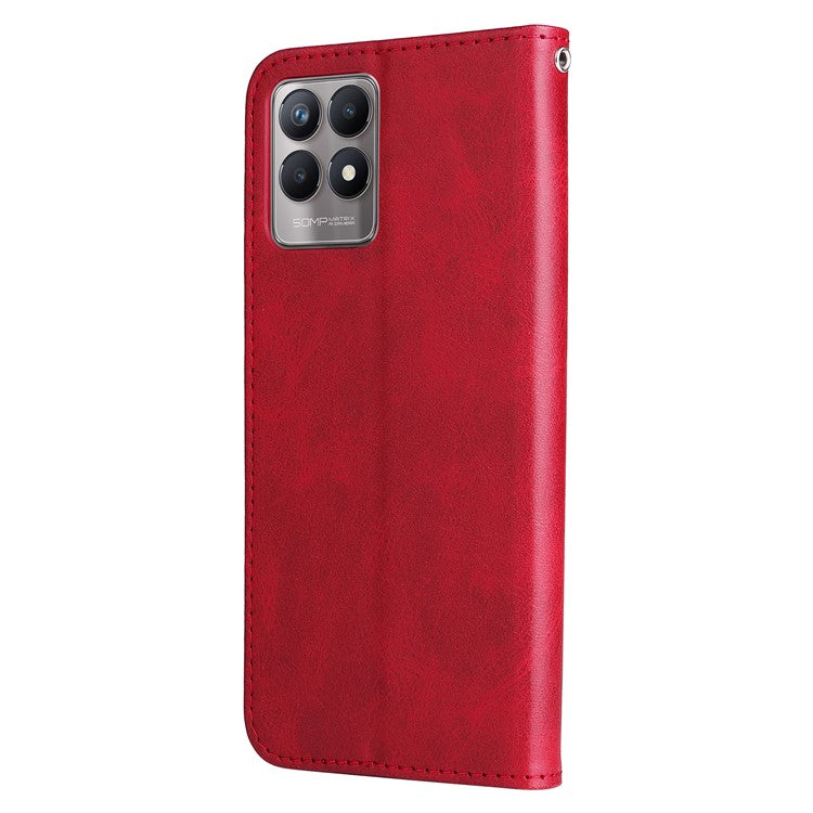 Folio Flip PU Leather Phone Case Zipper Pocket Design Wallet Drop-Resistant Case with Stand for Realme 8i/Narzo 50 4G - Red