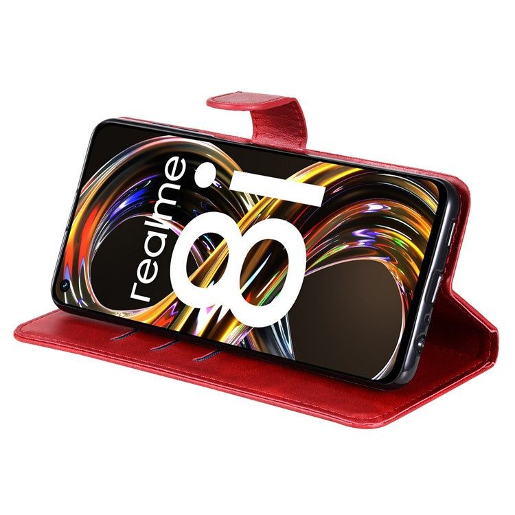 Folio Flip PU Leather Phone Case Zipper Pocket Design Wallet Drop-Resistant Case with Stand for Realme 8i/Narzo 50 4G - Red