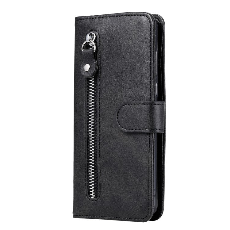 PU Leather Phone Case Zipper Pocket Design Wallet Stand Anti-Collision Phone Case for Oppo Reno6 4G - Black