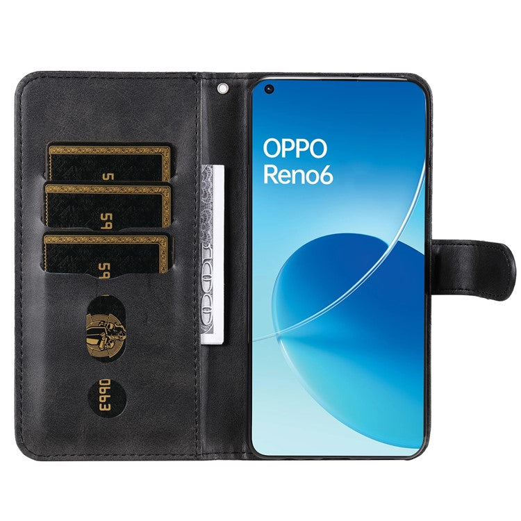 PU Leather Phone Case Zipper Pocket Design Wallet Stand Anti-Collision Phone Case for Oppo Reno6 4G - Black