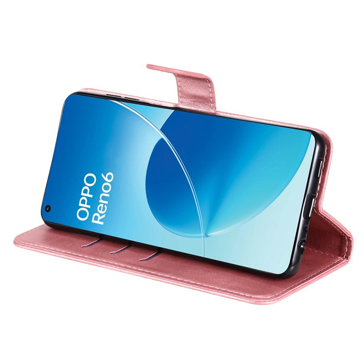 PU Leather Phone Case Zipper Pocket Design Wallet Stand Anti-Collision Phone Case for Oppo Reno6 4G - Rose Gold