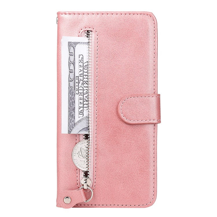 PU Leather Phone Case Zipper Pocket Design Wallet Stand Anti-Collision Phone Case for Oppo Reno6 4G - Rose Gold