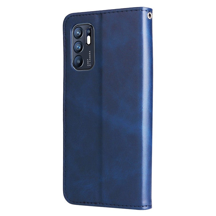PU Leather Phone Case Zipper Pocket Design Wallet Stand Anti-Collision Phone Case for Oppo Reno6 4G - Blue