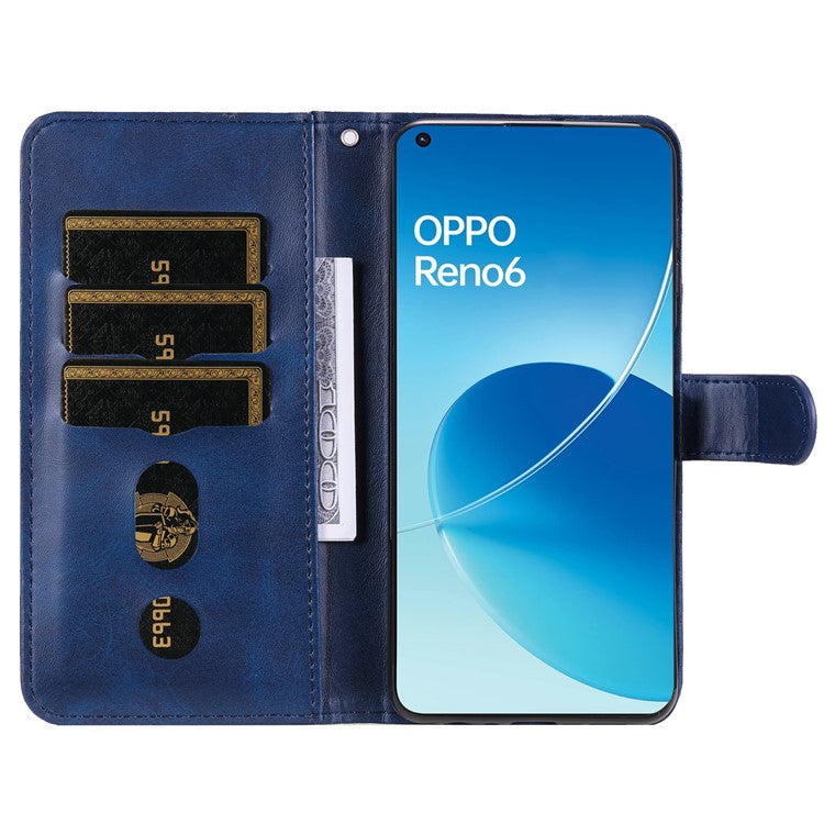 PU Leather Phone Case Zipper Pocket Design Wallet Stand Anti-Collision Phone Case for Oppo Reno6 4G - Blue