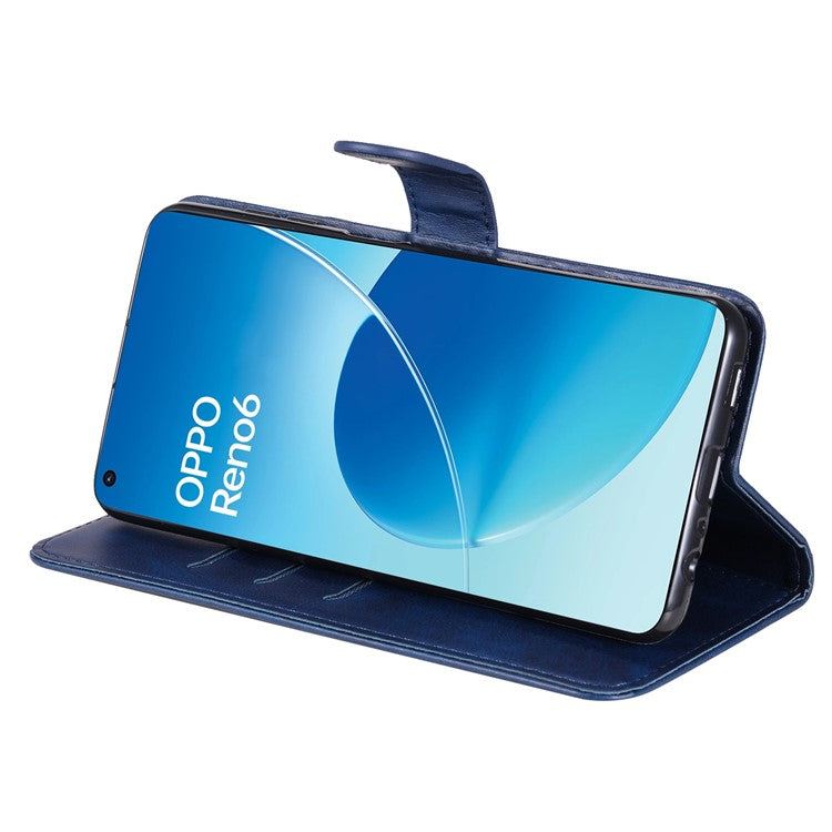 PU Leather Phone Case Zipper Pocket Design Wallet Stand Anti-Collision Phone Case for Oppo Reno6 4G - Blue