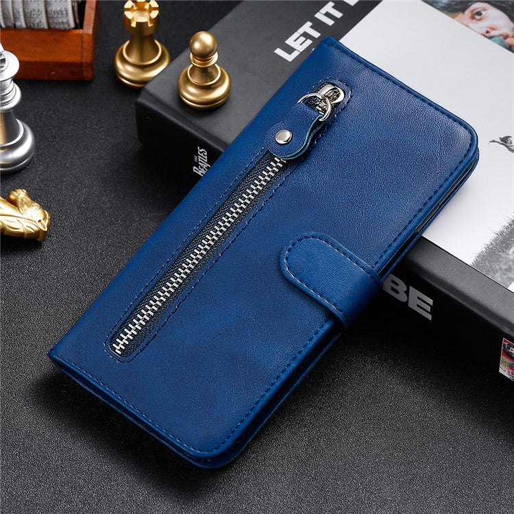 PU Leather Phone Case Zipper Pocket Design Wallet Stand Anti-Collision Phone Case for Oppo Reno6 4G - Blue