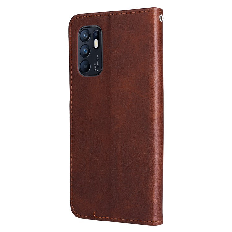 PU Leather Phone Case Zipper Pocket Design Wallet Stand Anti-Collision Phone Case for Oppo Reno6 4G - Brown