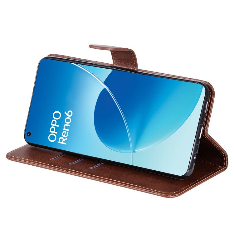PU Leather Phone Case Zipper Pocket Design Wallet Stand Anti-Collision Phone Case for Oppo Reno6 4G - Brown