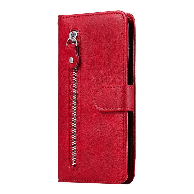 PU Leather Phone Case Zipper Pocket Design Wallet Stand Anti-Collision Phone Case for Oppo Reno6 4G - Red
