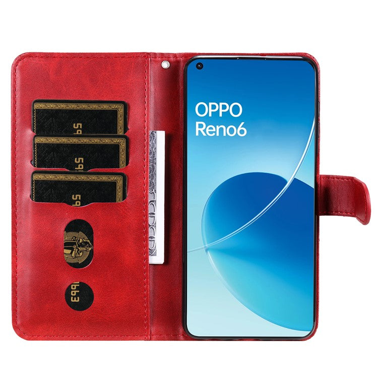 PU Leather Phone Case Zipper Pocket Design Wallet Stand Anti-Collision Phone Case for Oppo Reno6 4G - Red