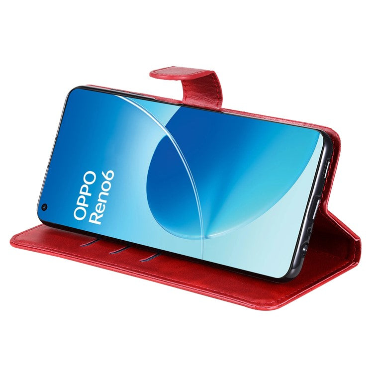 PU Leather Phone Case Zipper Pocket Design Wallet Stand Anti-Collision Phone Case for Oppo Reno6 4G - Red