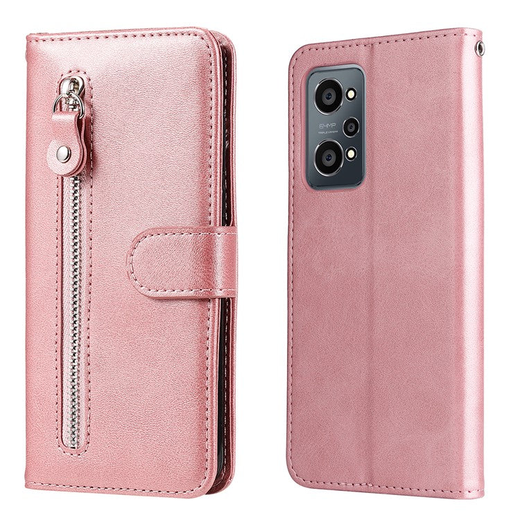 Folding PU Leather Phone Case Zipper Coin Pocket Design Case with Wallet Stand for Realme GT Neo2 5G/GT Neo 3T 5G - Rose Gold