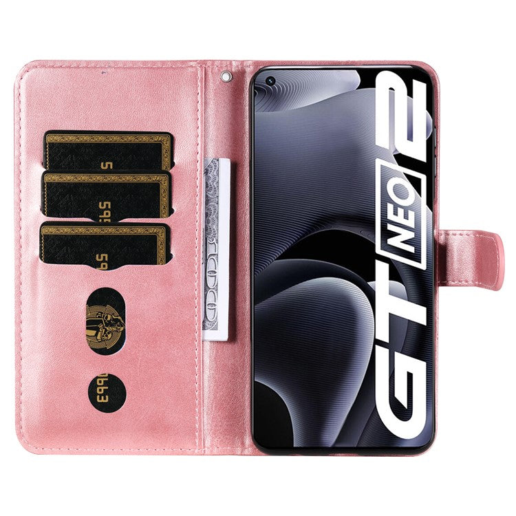 Folding PU Leather Phone Case Zipper Coin Pocket Design Case with Wallet Stand for Realme GT Neo2 5G/GT Neo 3T 5G - Rose Gold