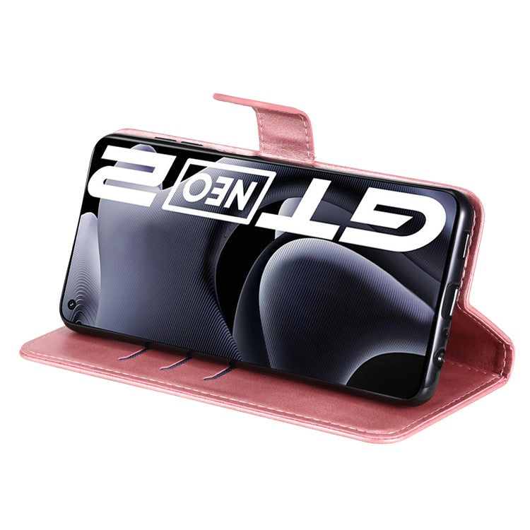Folding PU Leather Phone Case Zipper Coin Pocket Design Case with Wallet Stand for Realme GT Neo2 5G/GT Neo 3T 5G - Rose Gold