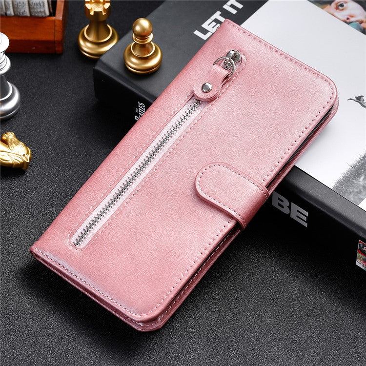 Folding PU Leather Phone Case Zipper Coin Pocket Design Case with Wallet Stand for Realme GT Neo2 5G/GT Neo 3T 5G - Rose Gold