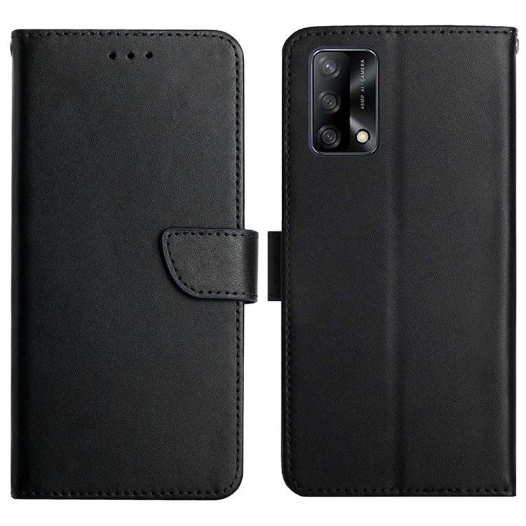 Wallet Phone Flip Shell For Oppo A74 4G/Oppo F19 Shockproof Nappa Texture Solid Color Stand Genuine Leather Mobile Phone Cover - Black