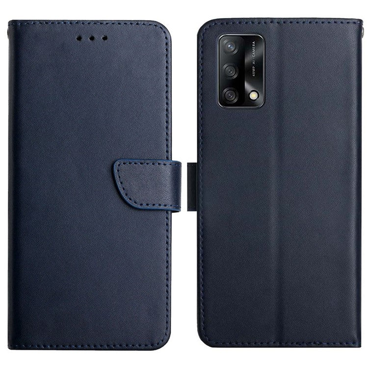 Wallet Phone Flip Shell For Oppo A74 4G/Oppo F19 Shockproof Nappa Texture Solid Color Stand Genuine Leather Mobile Phone Cover - Blue