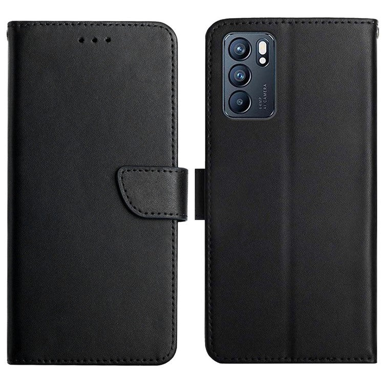 Nappa Texture Genuine Leather Outer Cover + Soft TPU Inner Shell Solid Color Stand Wallet Case for Oppo Reno6 5G - Black