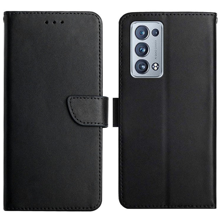 Solid Color Nappa Texture Genuine Leather Outer Cover + Soft TPU Inner Shell with Stand Wallet for Oppo Reno6 Pro+ 5G - Black