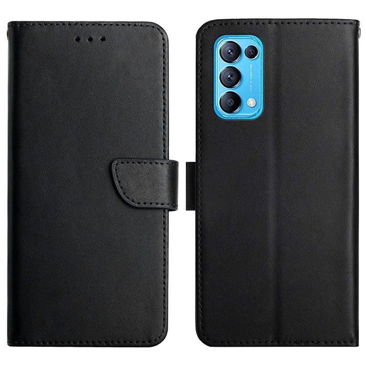Solid Color Genuine Leather Nappa Texture Case Magnetic Closure Shockproof Wallet Folio Flip Protective Phone Cover with Stand for Oppo Reno5 4G/5G/Reno5 K/Find X3 Lite - Black
