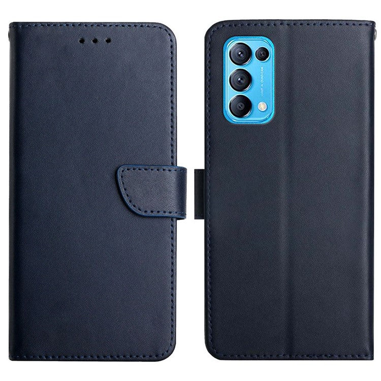 Solid Color Genuine Leather Nappa Texture Case Magnetic Closure Shockproof Wallet Folio Flip Protective Phone Cover with Stand for Oppo Reno5 4G/5G/Reno5 K/Find X3 Lite - Blue