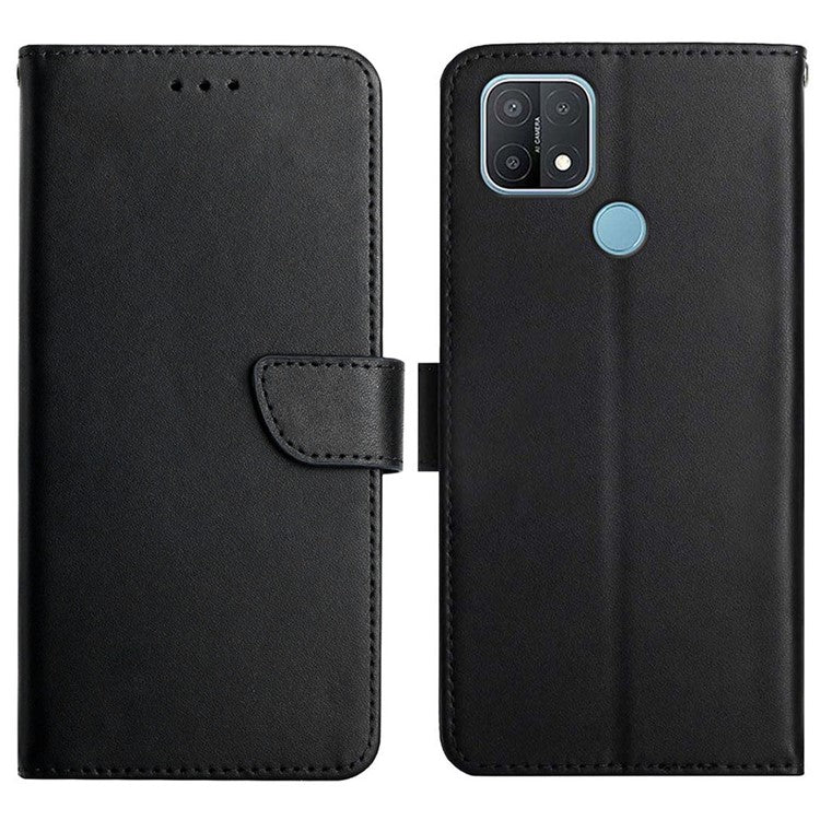 Solid Color Shockproof Nappa Texture Genuine Leather Outer Cover + Soft TPU Inner Shell with Stand Wallet for Oppo A15/A15s - Black