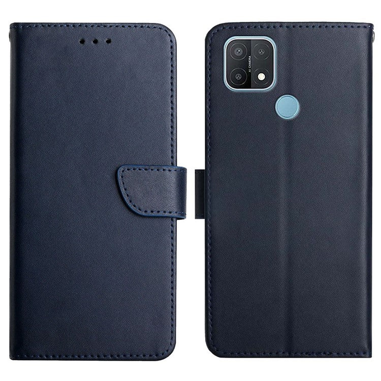 Solid Color Shockproof Nappa Texture Genuine Leather Outer Cover + Soft TPU Inner Shell with Stand Wallet for Oppo A15/A15s - Blue