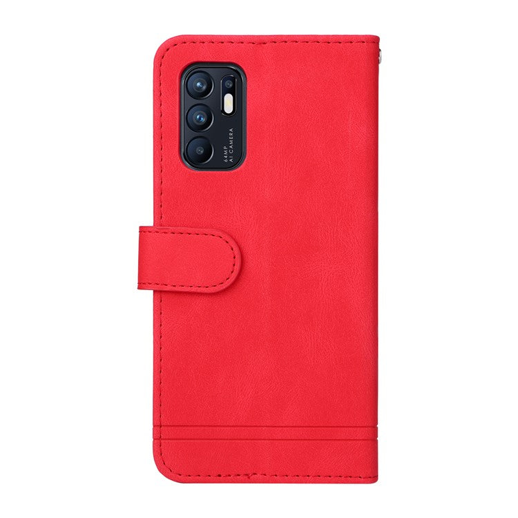 Supporting Stand Retro Tree Pattern Metal Button Decor Wallet PU Leather Phone Case Cover for Oppo Reno6 4G - Red