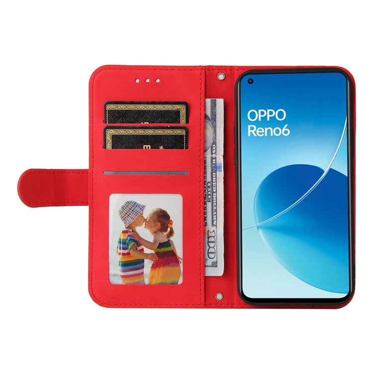 Supporting Stand Retro Tree Pattern Metal Button Decor Wallet PU Leather Phone Case Cover for Oppo Reno6 4G - Red