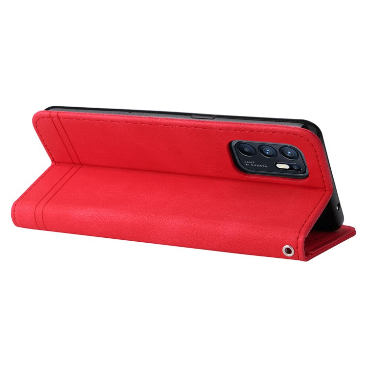 Supporting Stand Retro Tree Pattern Metal Button Decor Wallet PU Leather Phone Case Cover for Oppo Reno6 4G - Red