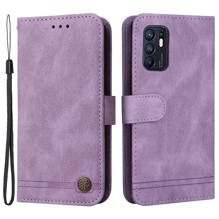 Supporting Stand Retro Tree Pattern Metal Button Decor Wallet PU Leather Phone Case Cover for Oppo Reno6 4G - Purple