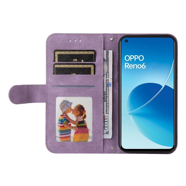 Supporting Stand Retro Tree Pattern Metal Button Decor Wallet PU Leather Phone Case Cover for Oppo Reno6 4G - Purple