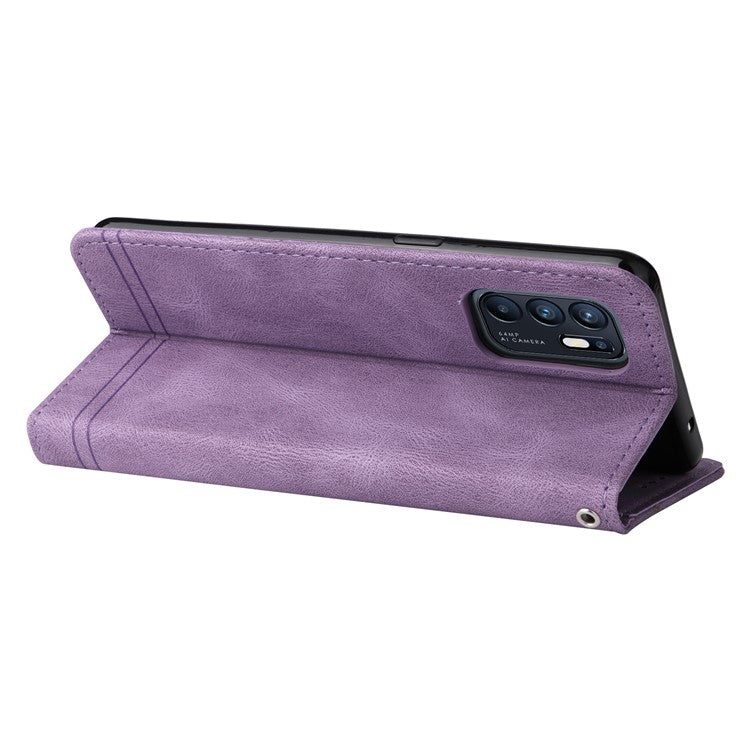 Supporting Stand Retro Tree Pattern Metal Button Decor Wallet PU Leather Phone Case Cover for Oppo Reno6 4G - Purple