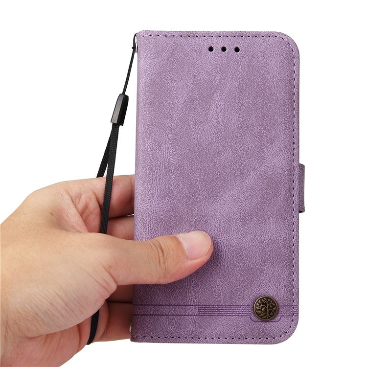 Supporting Stand Retro Tree Pattern Metal Button Decor Wallet PU Leather Phone Case Cover for Oppo Reno6 4G - Purple