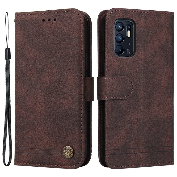 Supporting Stand Retro Tree Pattern Metal Button Decor Wallet PU Leather Phone Case Cover for Oppo Reno6 4G - Brown