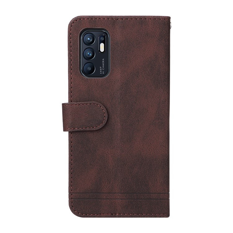 Supporting Stand Retro Tree Pattern Metal Button Decor Wallet PU Leather Phone Case Cover for Oppo Reno6 4G - Brown