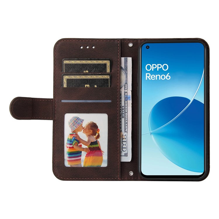 Supporting Stand Retro Tree Pattern Metal Button Decor Wallet PU Leather Phone Case Cover for Oppo Reno6 4G - Brown